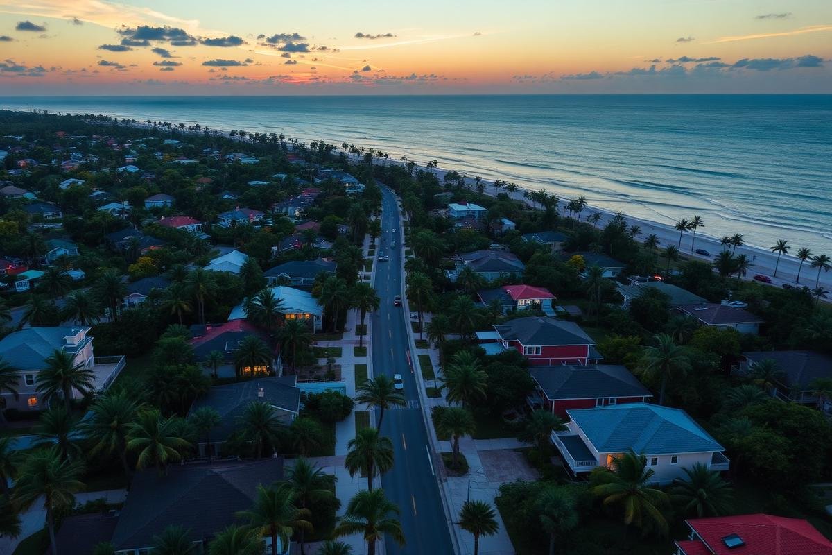 Aerial view of a coastal Florida neighborhood at sunset